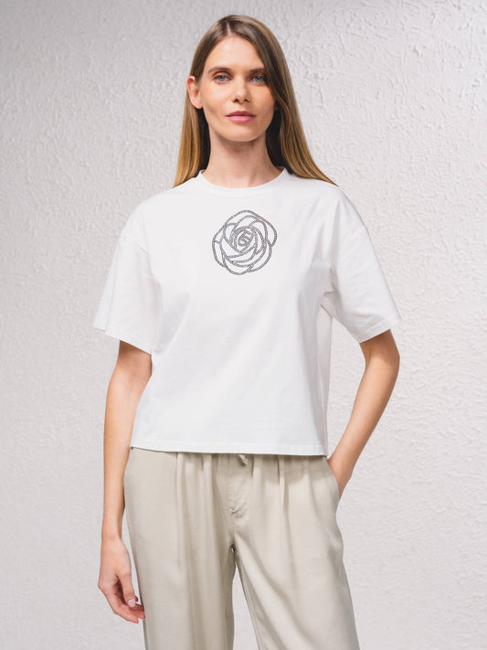 T-shirt corta oversize con applicazione brillante