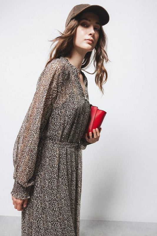Abito lungo con stampa animalier e cintura