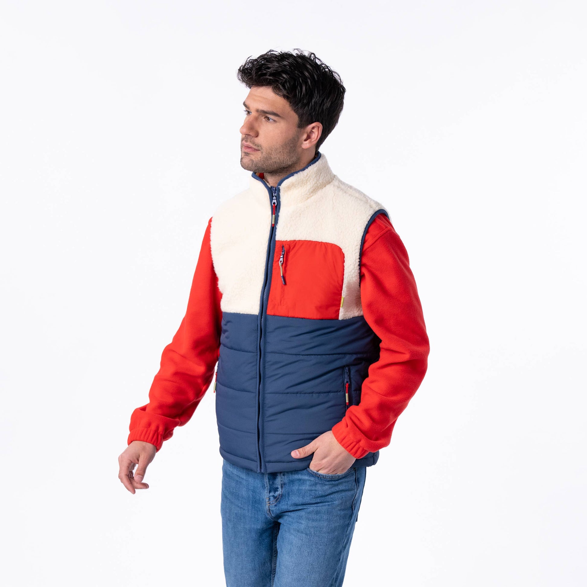 Gilet smanicato sherpa color block avorio e blu navy