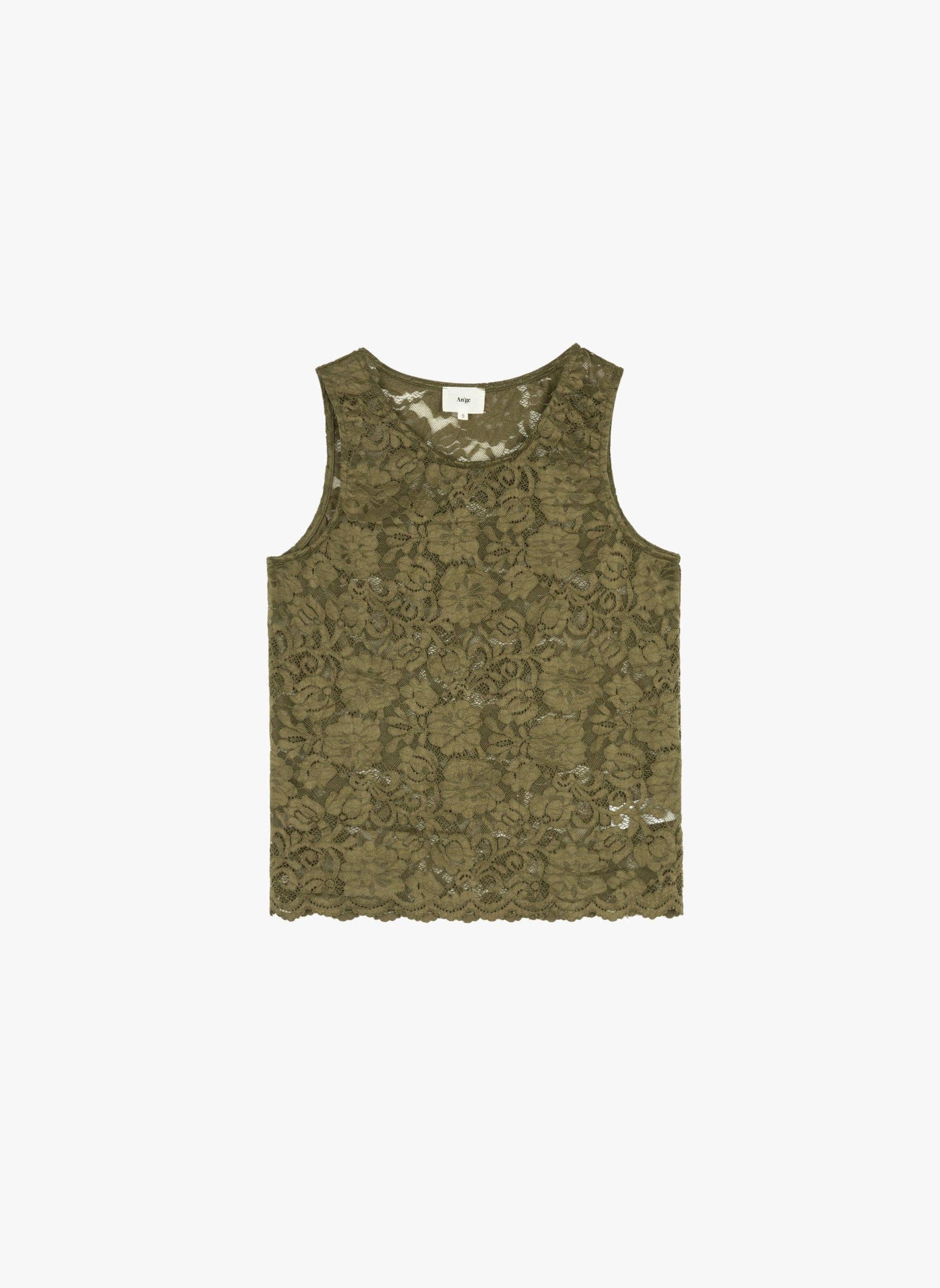 Top in pizzo kaki aderente
