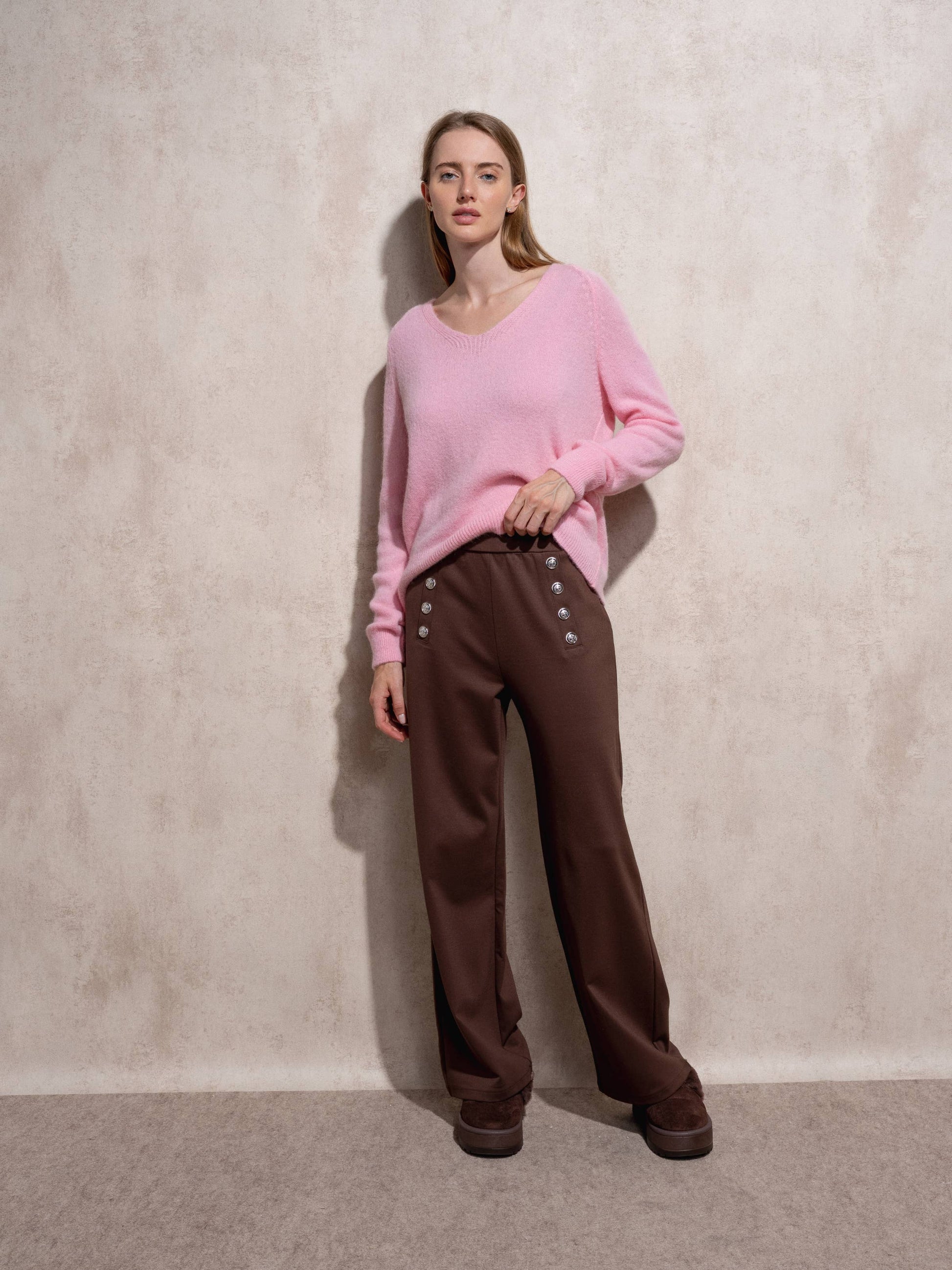 Pantaloni a palazzo a vita alta con bottoni decorativi
