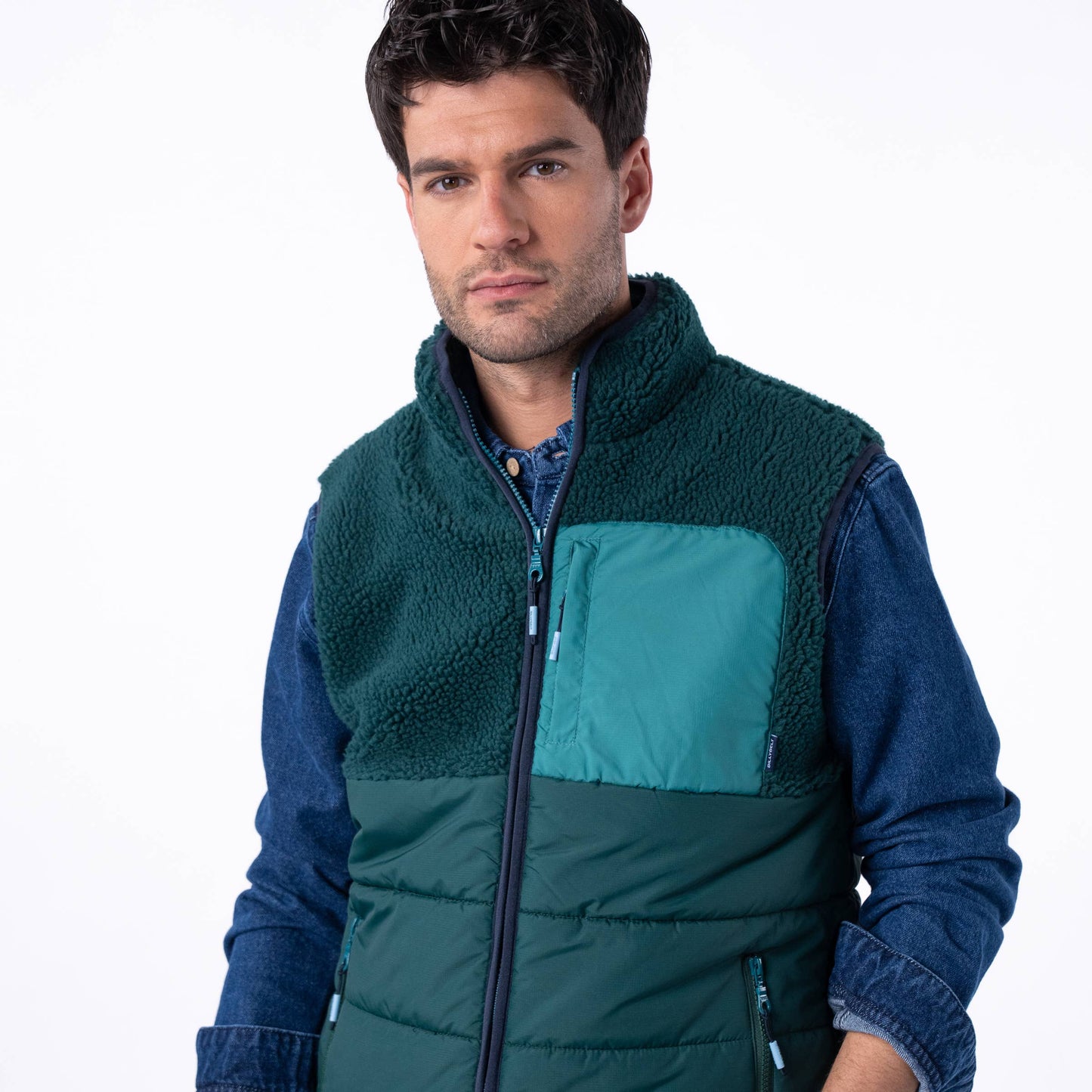Gilet in sherpa bicolore verde senza maniche