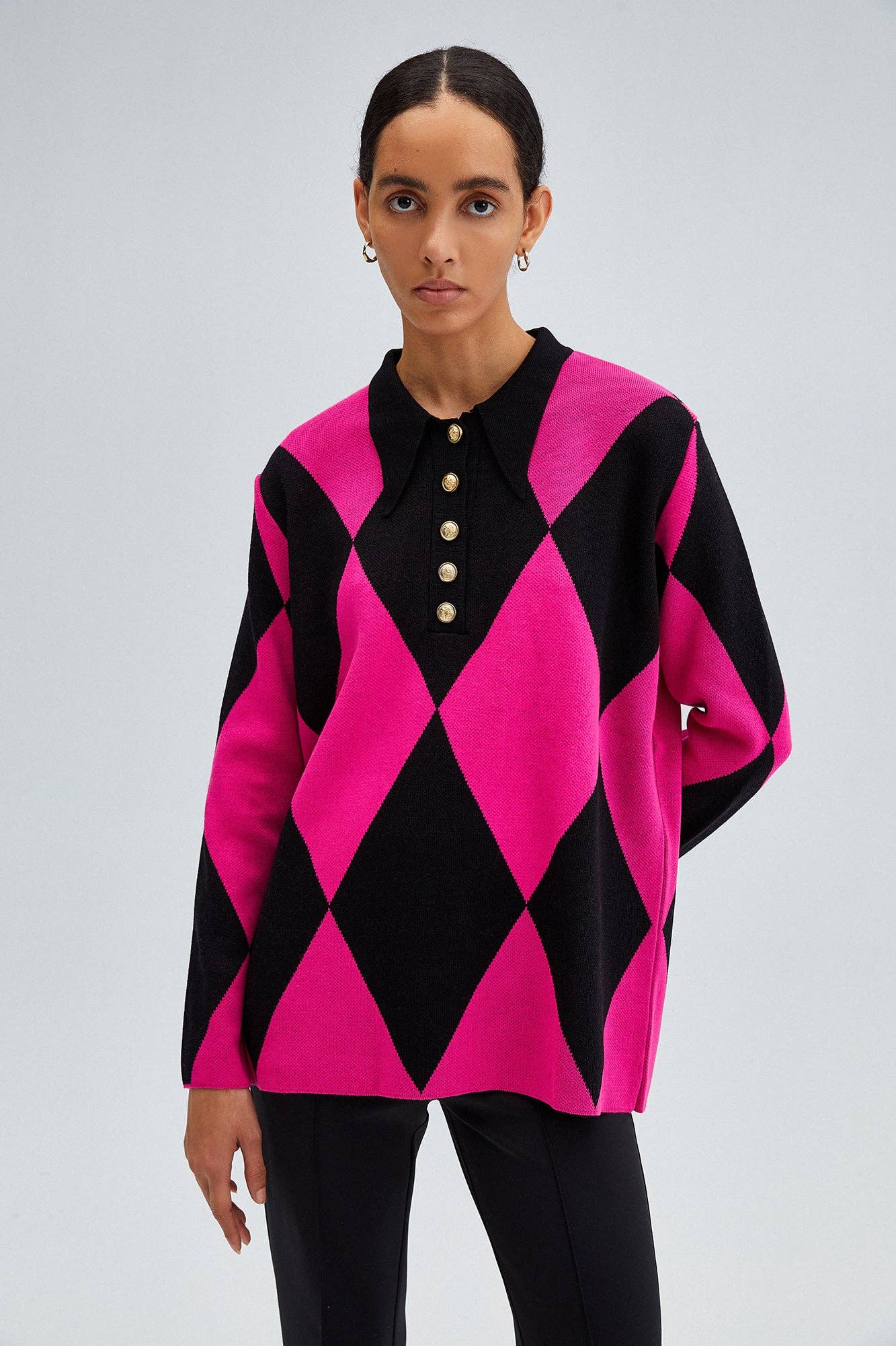 Tunica in maglia con colletto polo e motivo a rombi