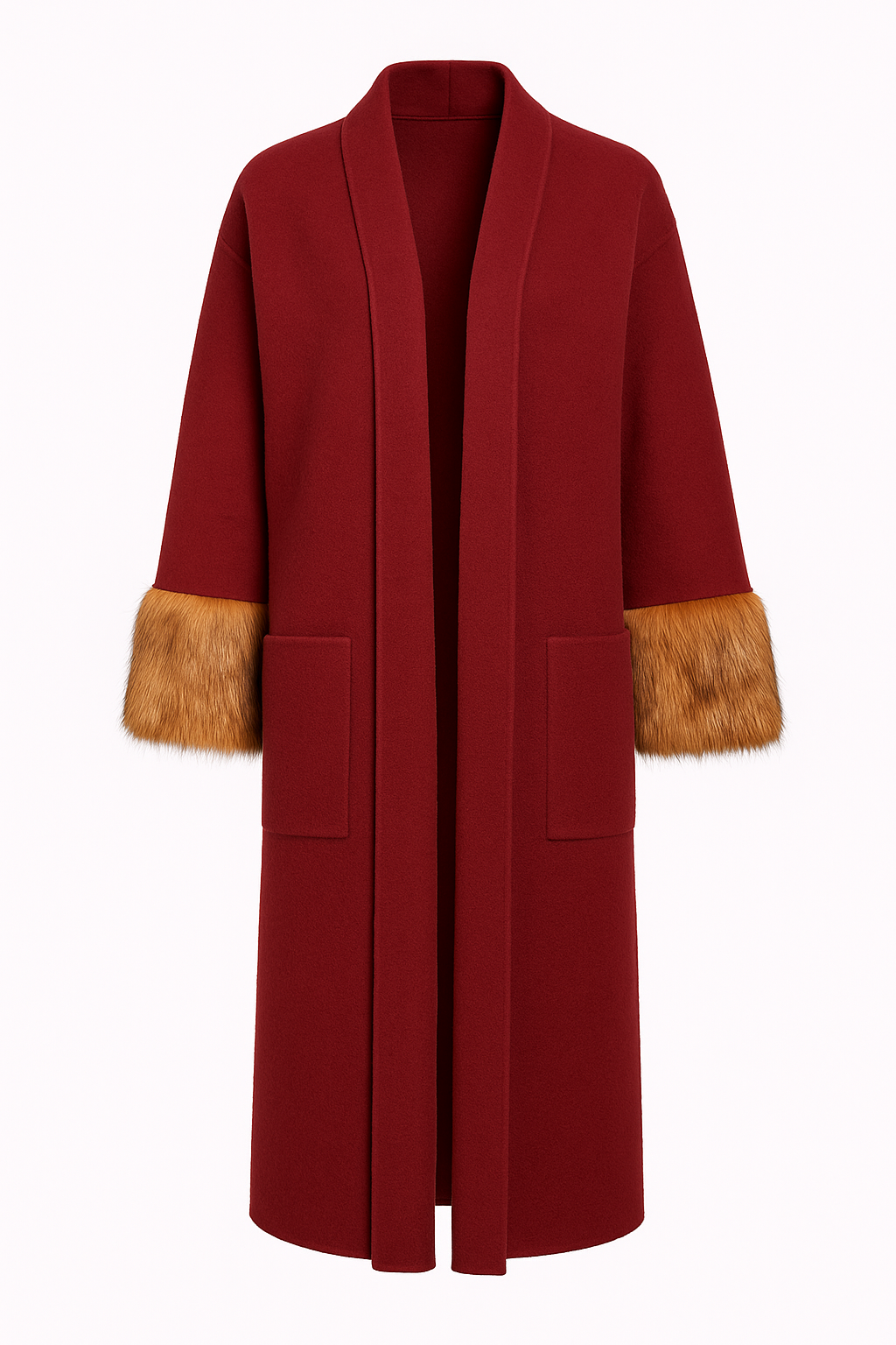 Cappotto lungo in lana con polsini in pelliccia e cintura