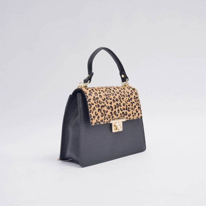Borsa a mano in pelle bicolore con tracolla a catena
