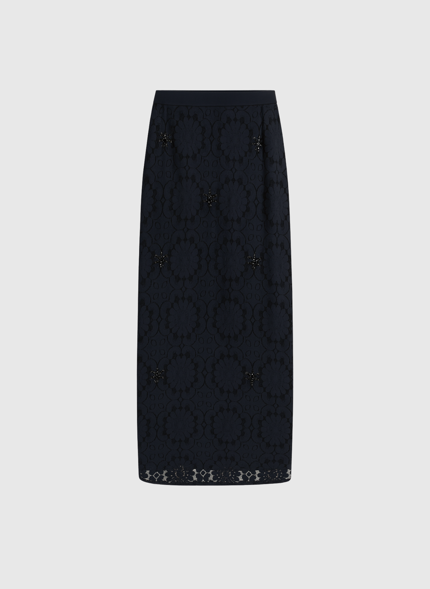 Gonna midi in pizzo nero con ricami di strass e perle