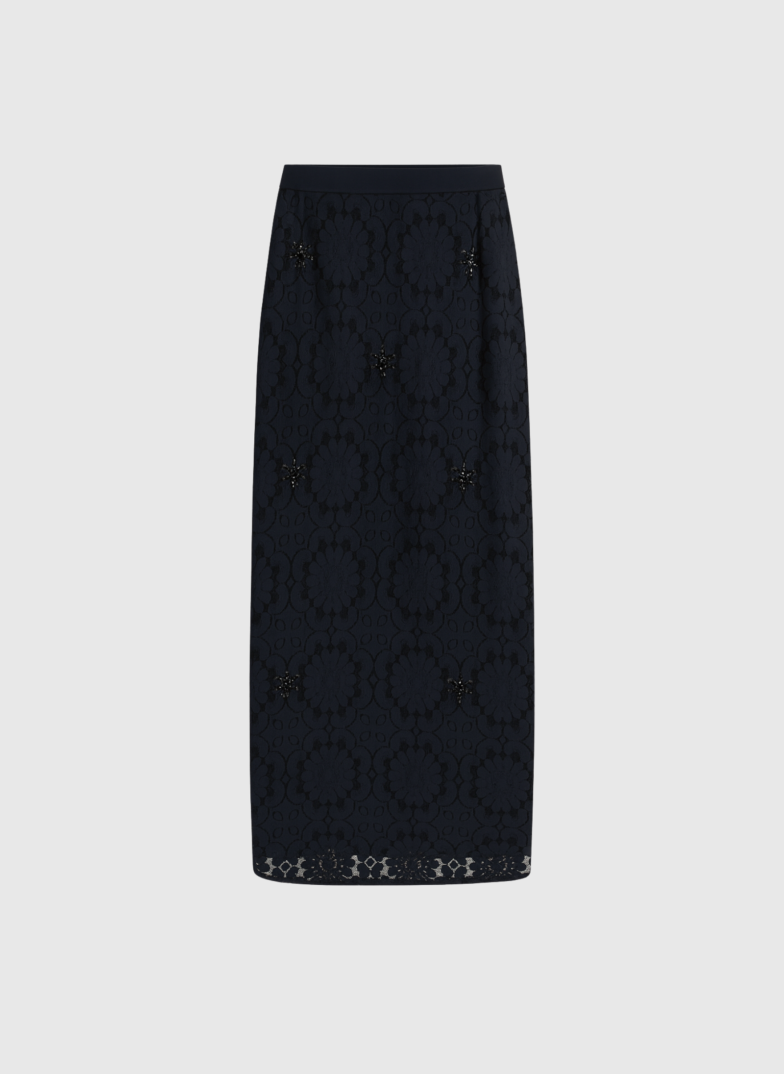 Gonna midi in pizzo nero con ricami di strass e perle