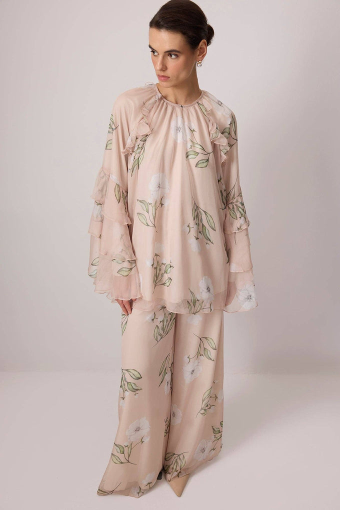 Completo tunica e pantaloni in chiffon floreale rosa