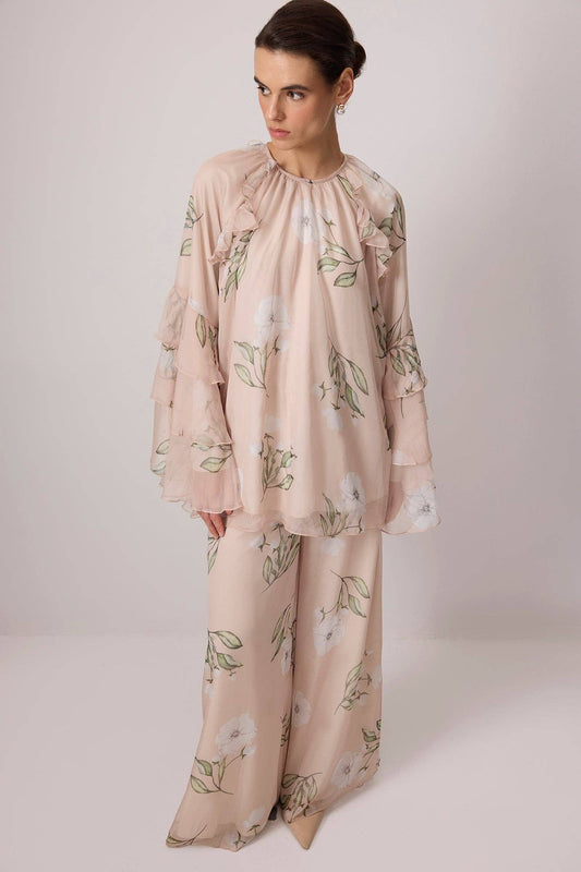 Completo tunica e pantaloni in chiffon floreale rosa