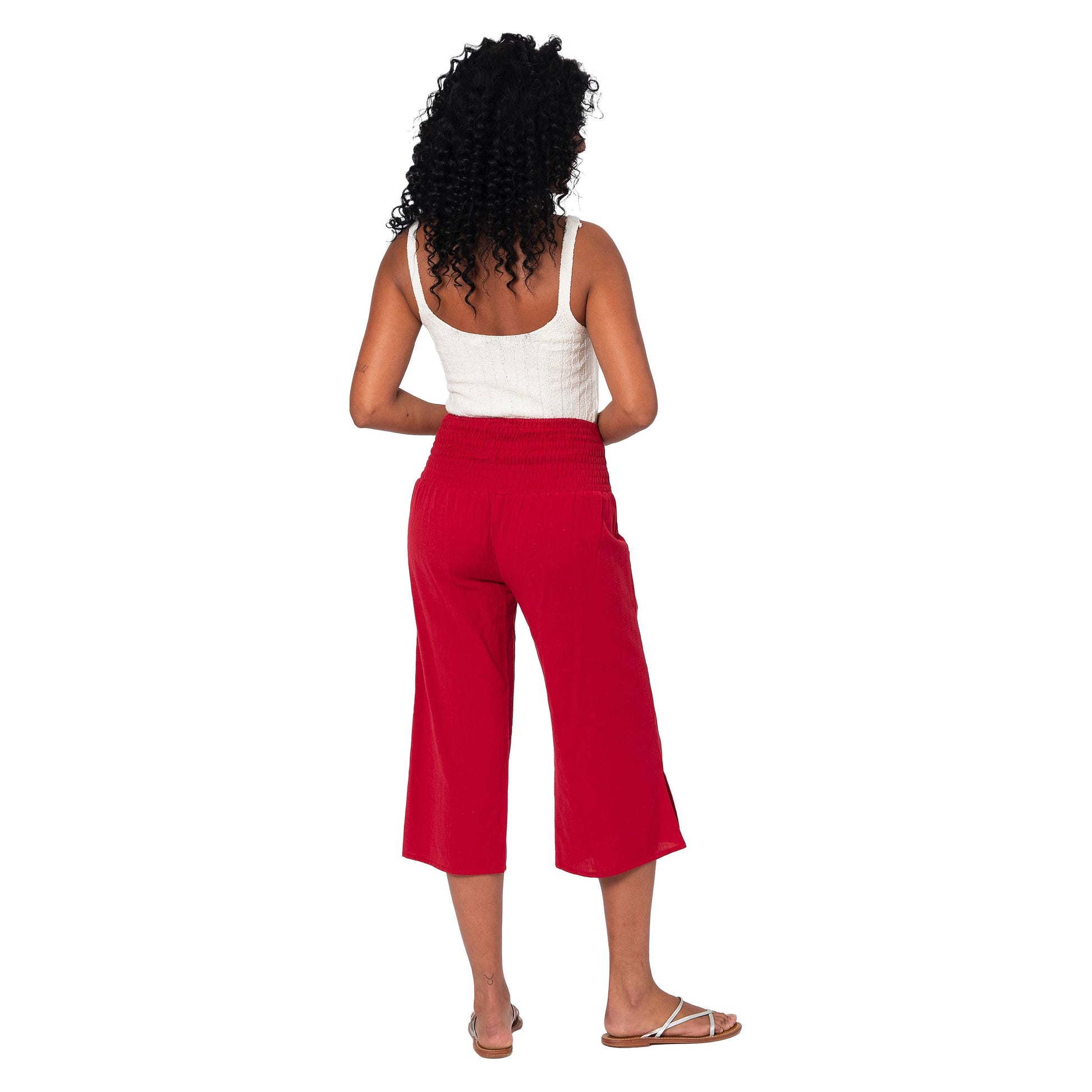 Pantaloni culotte estivi in cotone e lino bordeaux