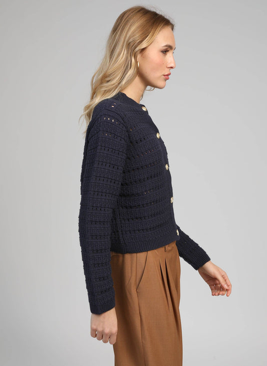 Cardigan in maglia traforata blu navy con bottoni dorati