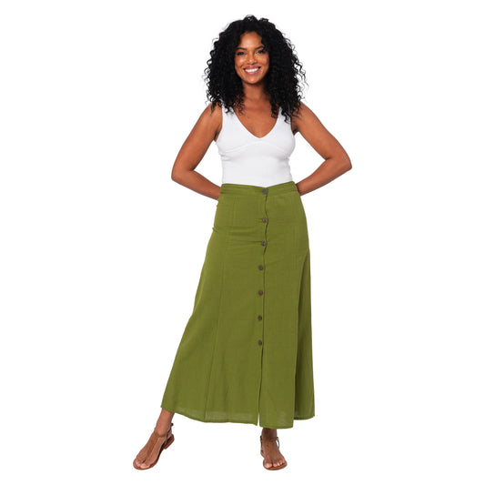 Gonna lunga estiva in cotone e lino verde con bottoni