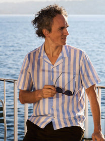 Camicia Orto a maniche corte in lino e cotone biologico a righe blu
