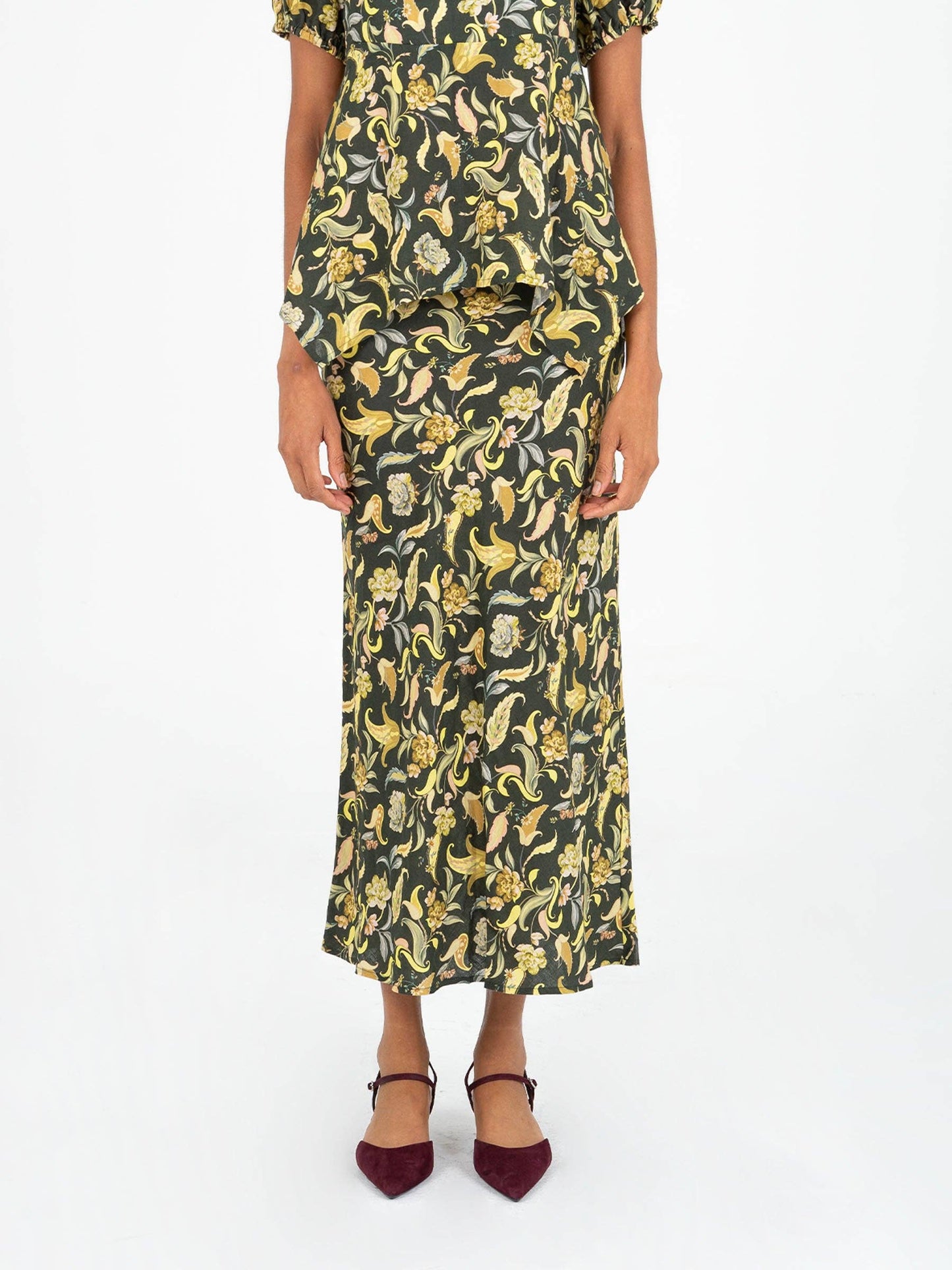 Gonna lunga floreale verde Enigma in lino