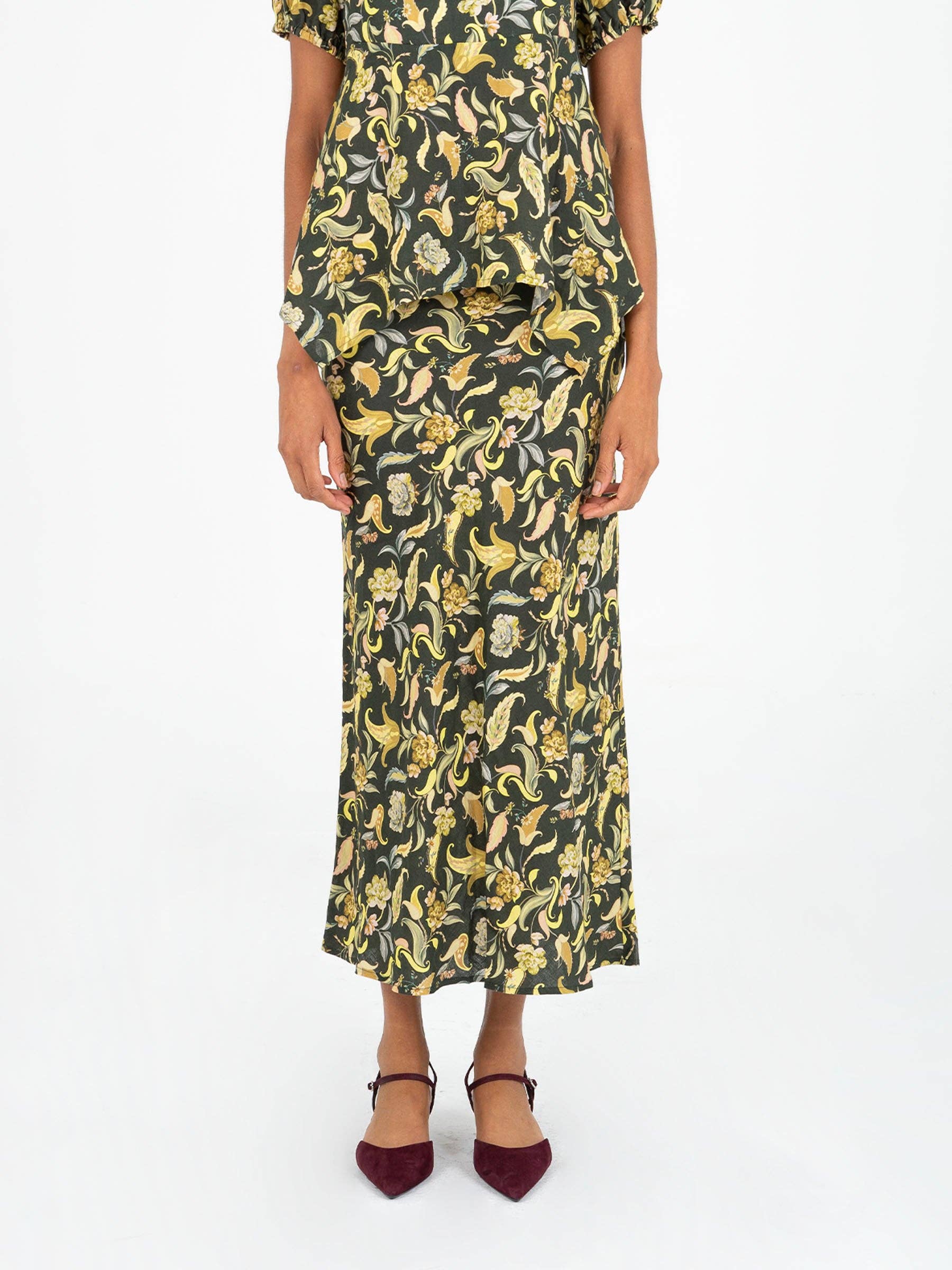 Gonna lunga floreale verde Enigma in lino