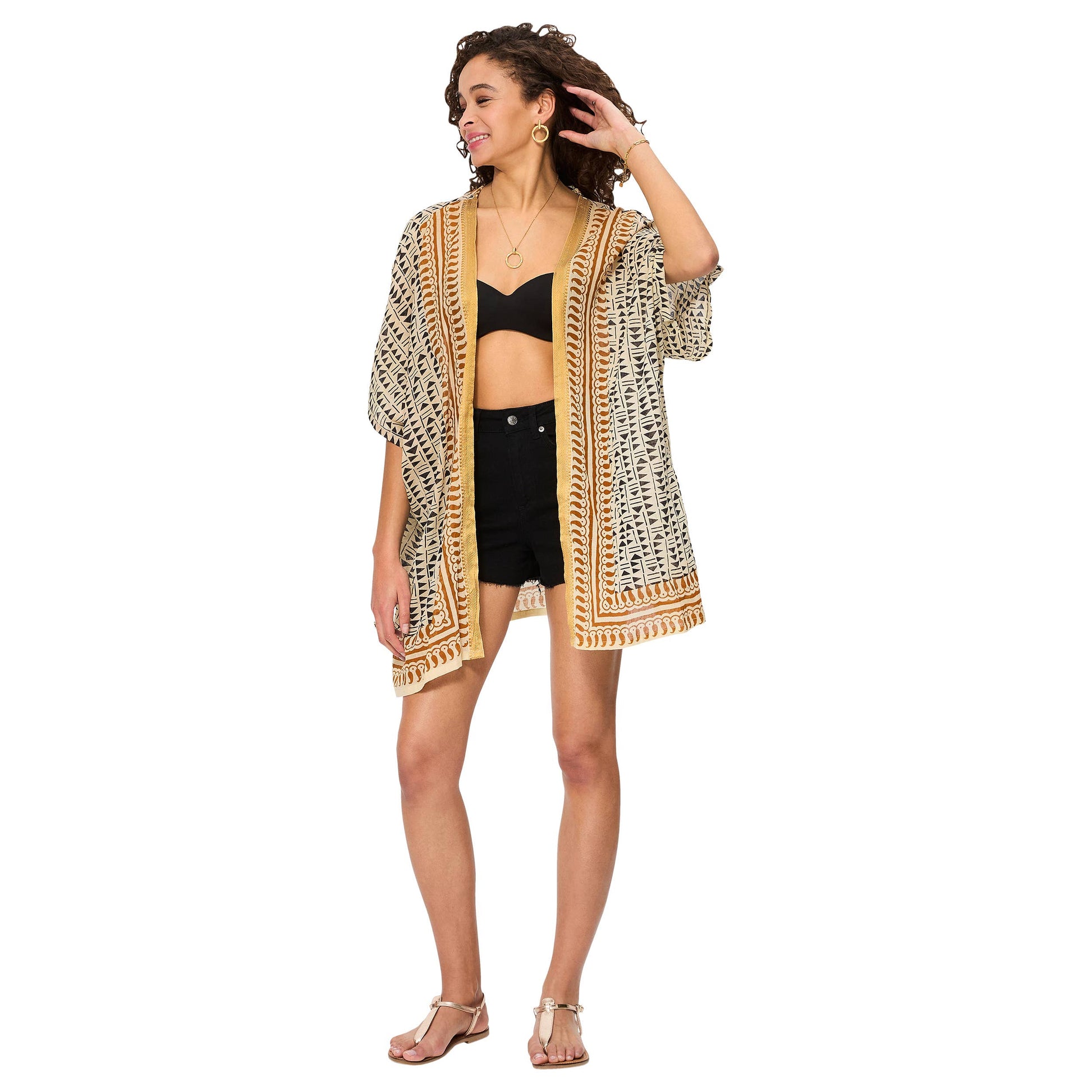 Kimono estivo boho a mezza lunghezza in cotone con maniche corte