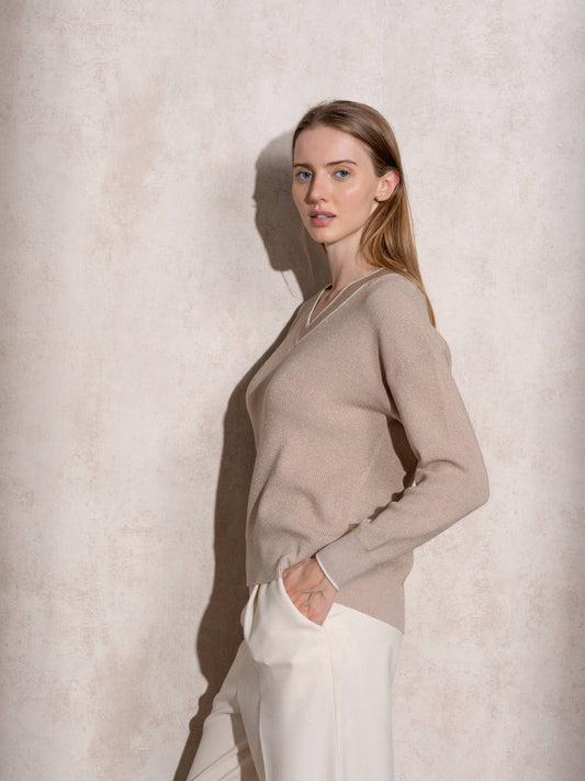 Maglione in maglia di lurex con scollo a V