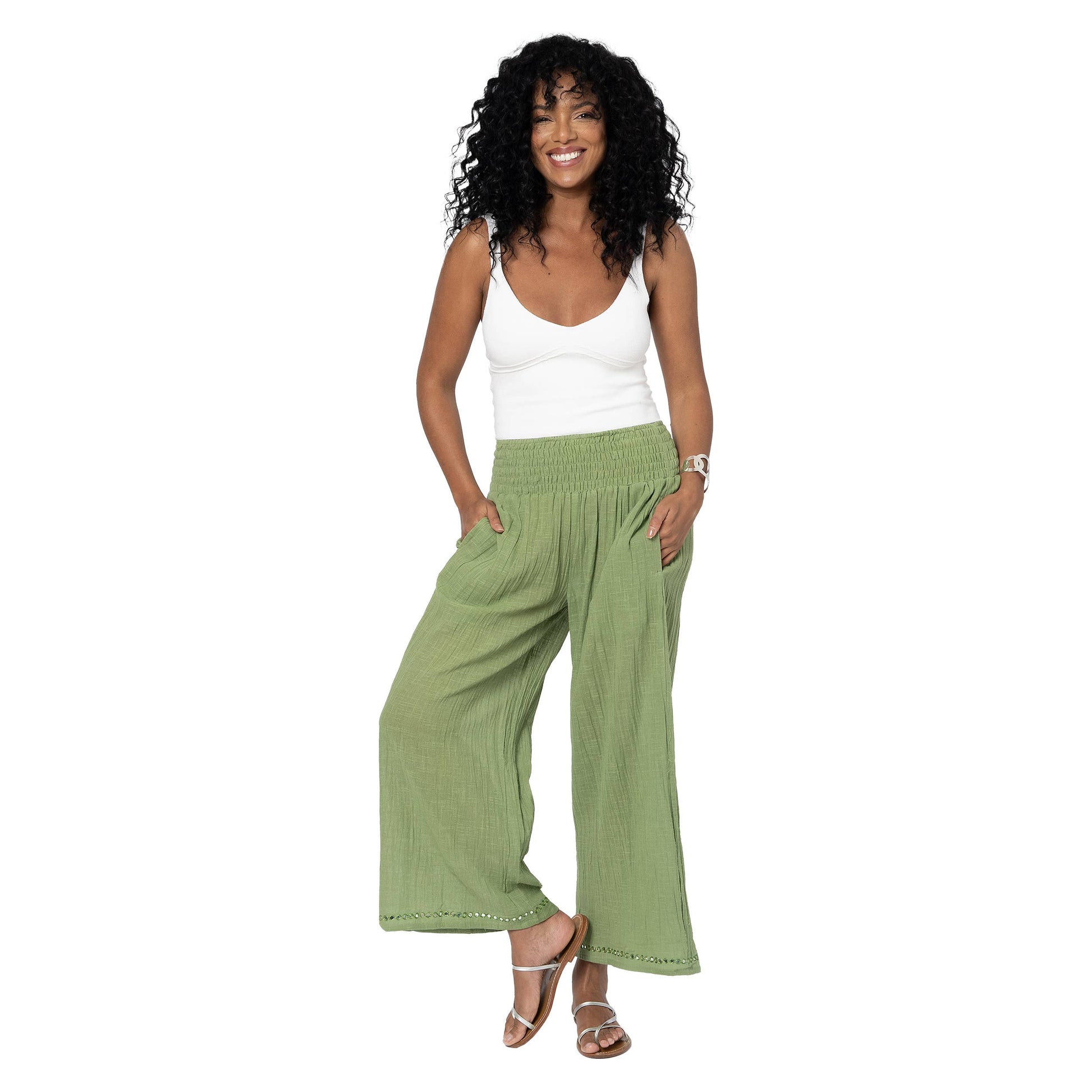 Pantaloni estivi in cotone a gamba ampia verdi