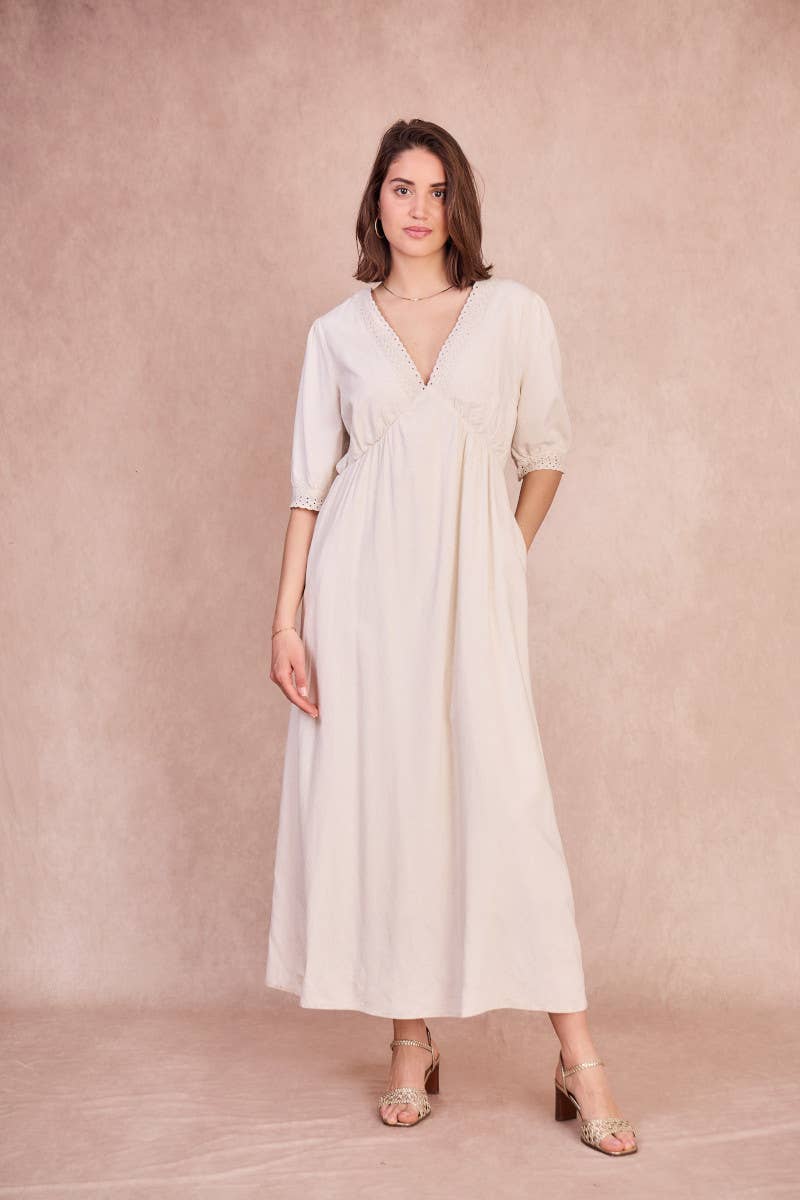 Abito midi con scollo a V e bordi in pizzo
