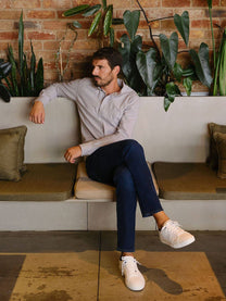 Camicia in flanella grigia a righe con collo alla coreana