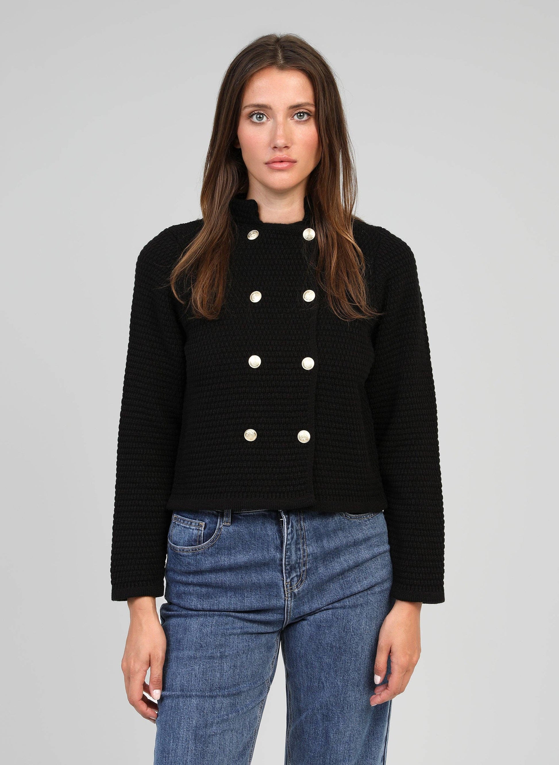 Gilet Voscar nero a maglia con bottoni dorati