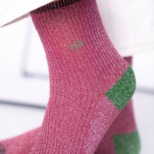 Calzini Vintage in Cotone Pettinato Glitter Rosa Antico e Verde