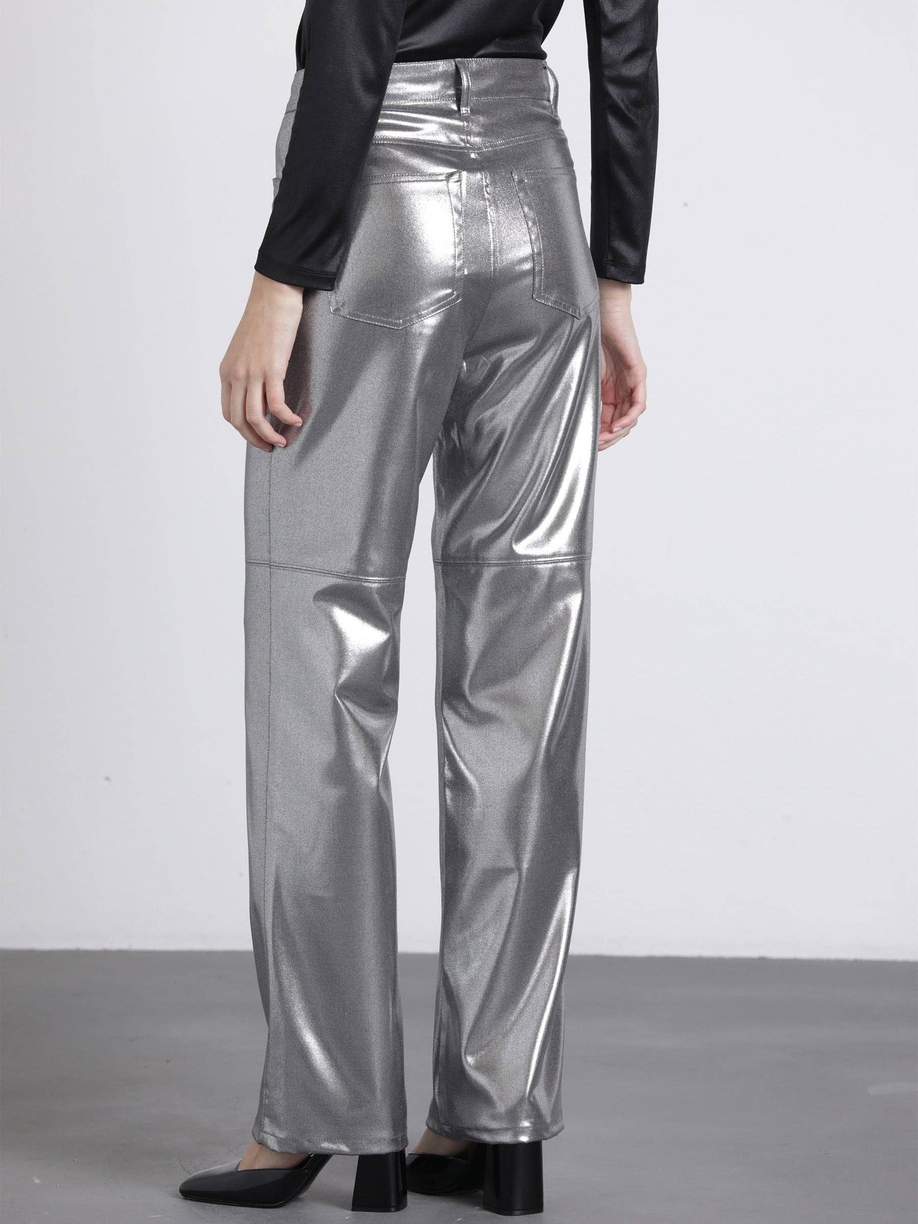 Pantaloni metallizzati argento a vita alta