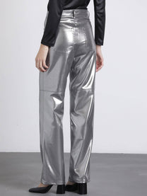 Pantaloni metallizzati argento a vita alta