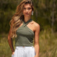 Top corto halter incrociato verde oliva