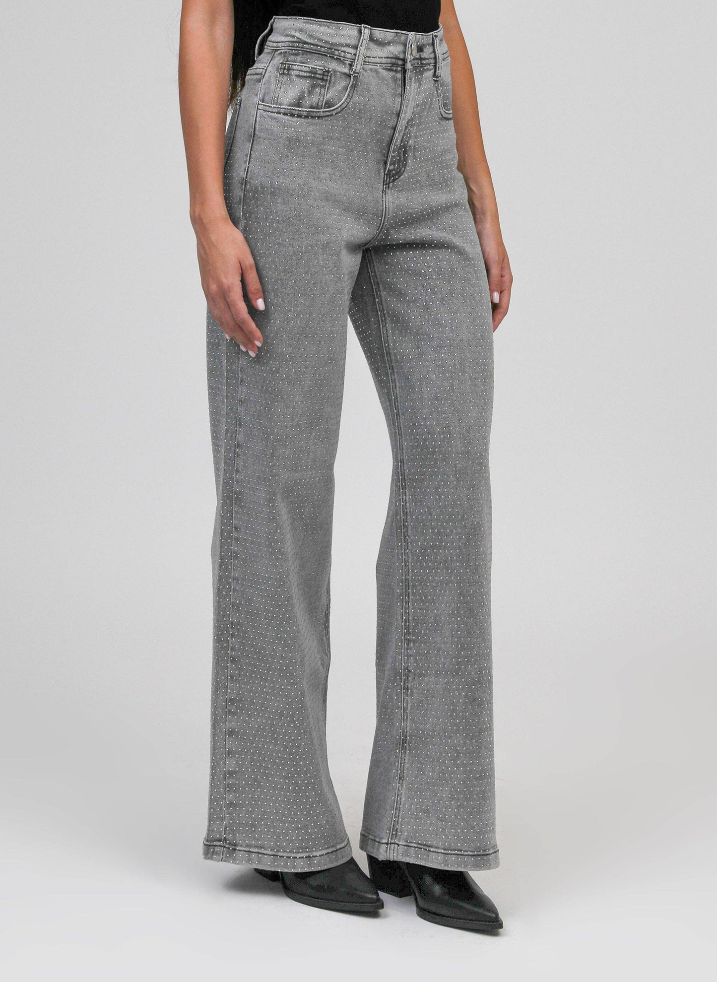 Jeans grigi con paillettes a vita alta