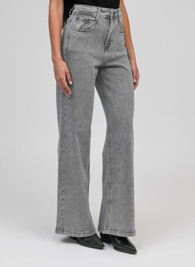 Jeans grigi con paillettes a vita alta