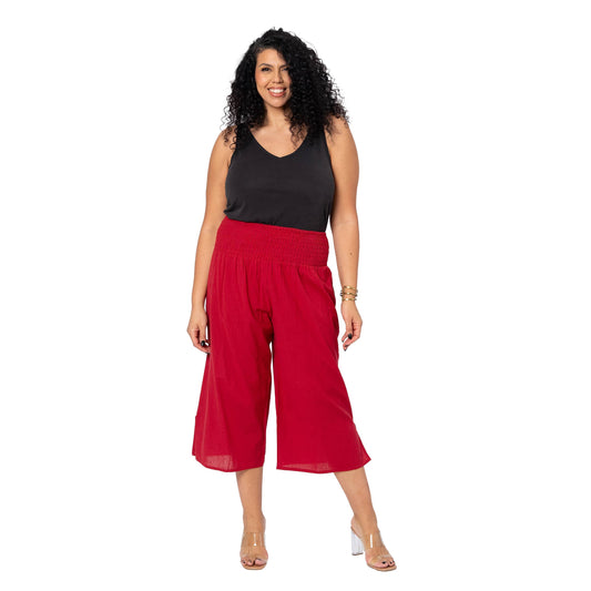 Pantaloni culotte estivi in lino plus size bordeaux da donna