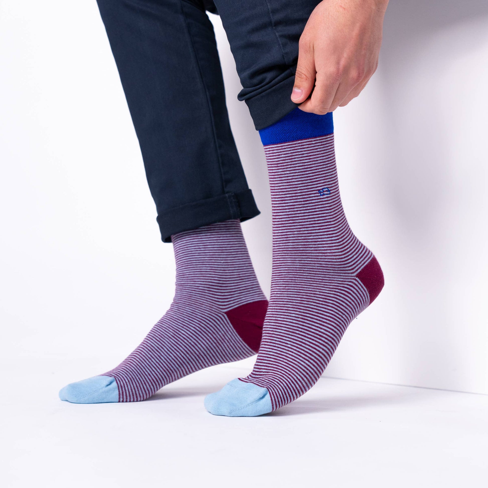 Calzini a righe in cotone pettinato bordeaux e azzurro