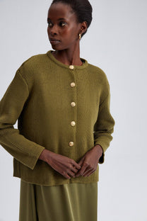 Cardigan in maglia kaki con bottoni dorati