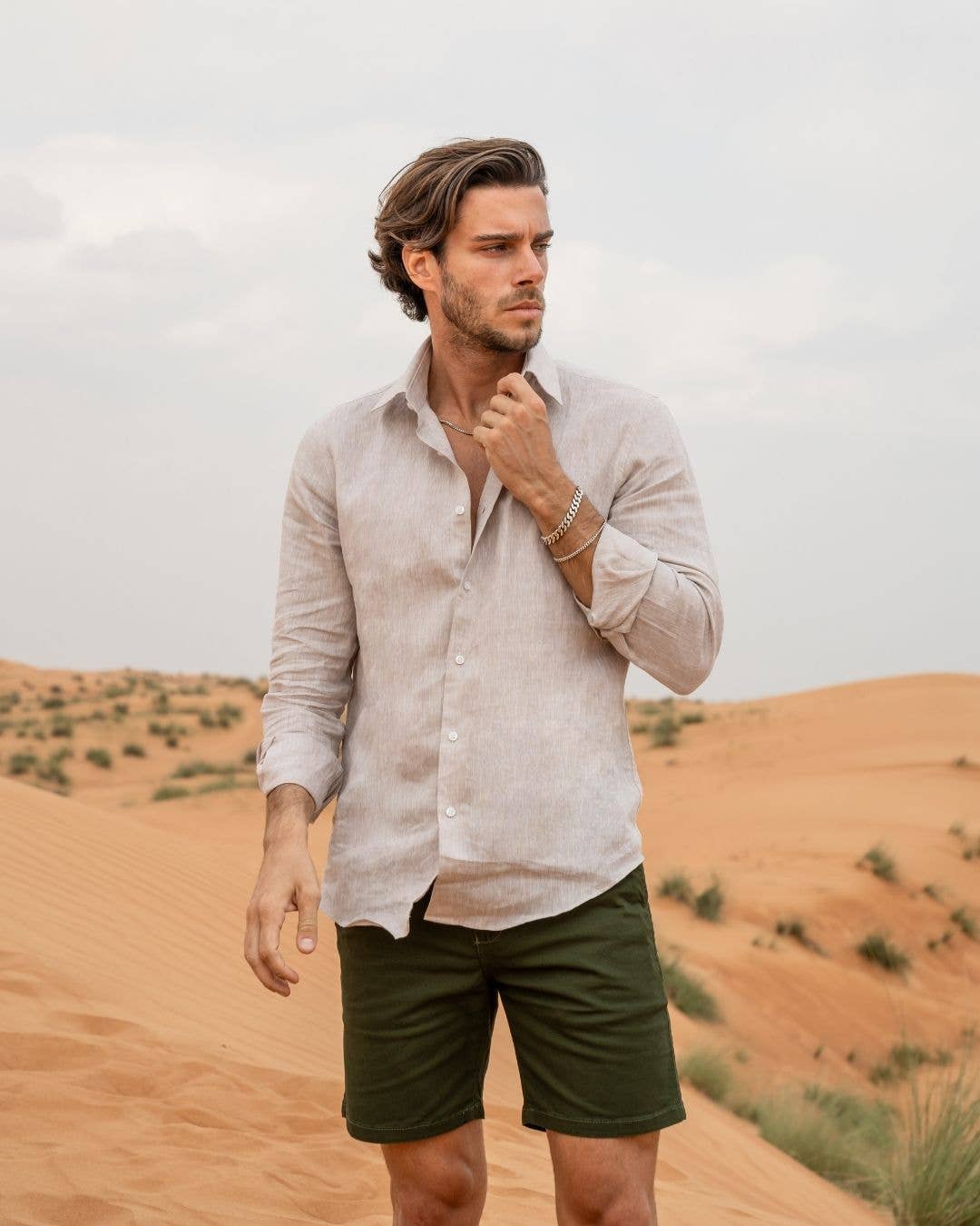 Camicia in lino riciclato beige da uomo