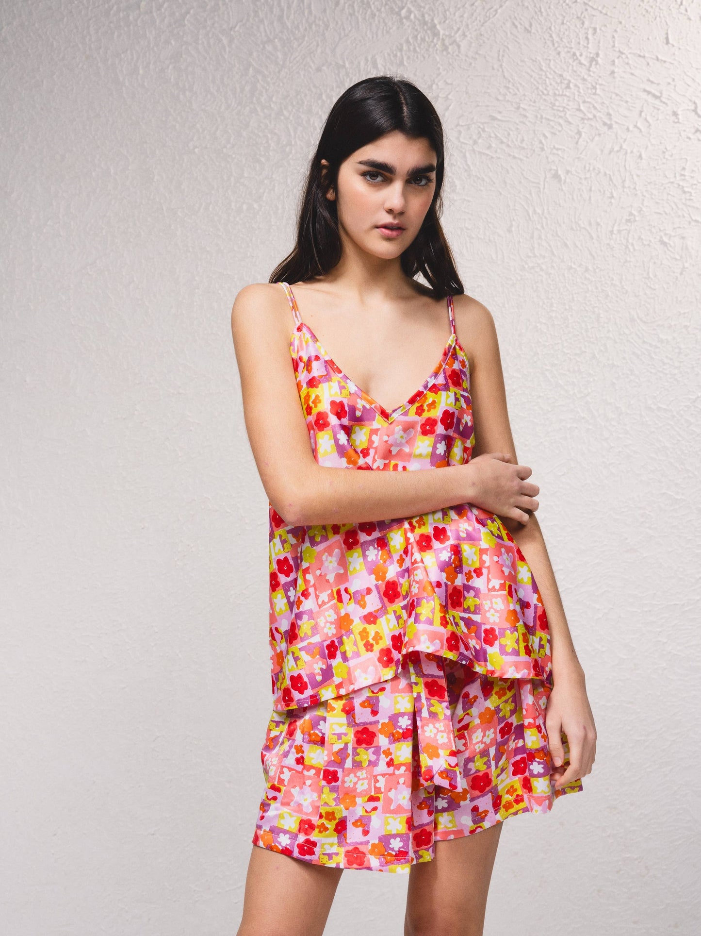 Top in satin stampato con spalline regolabili