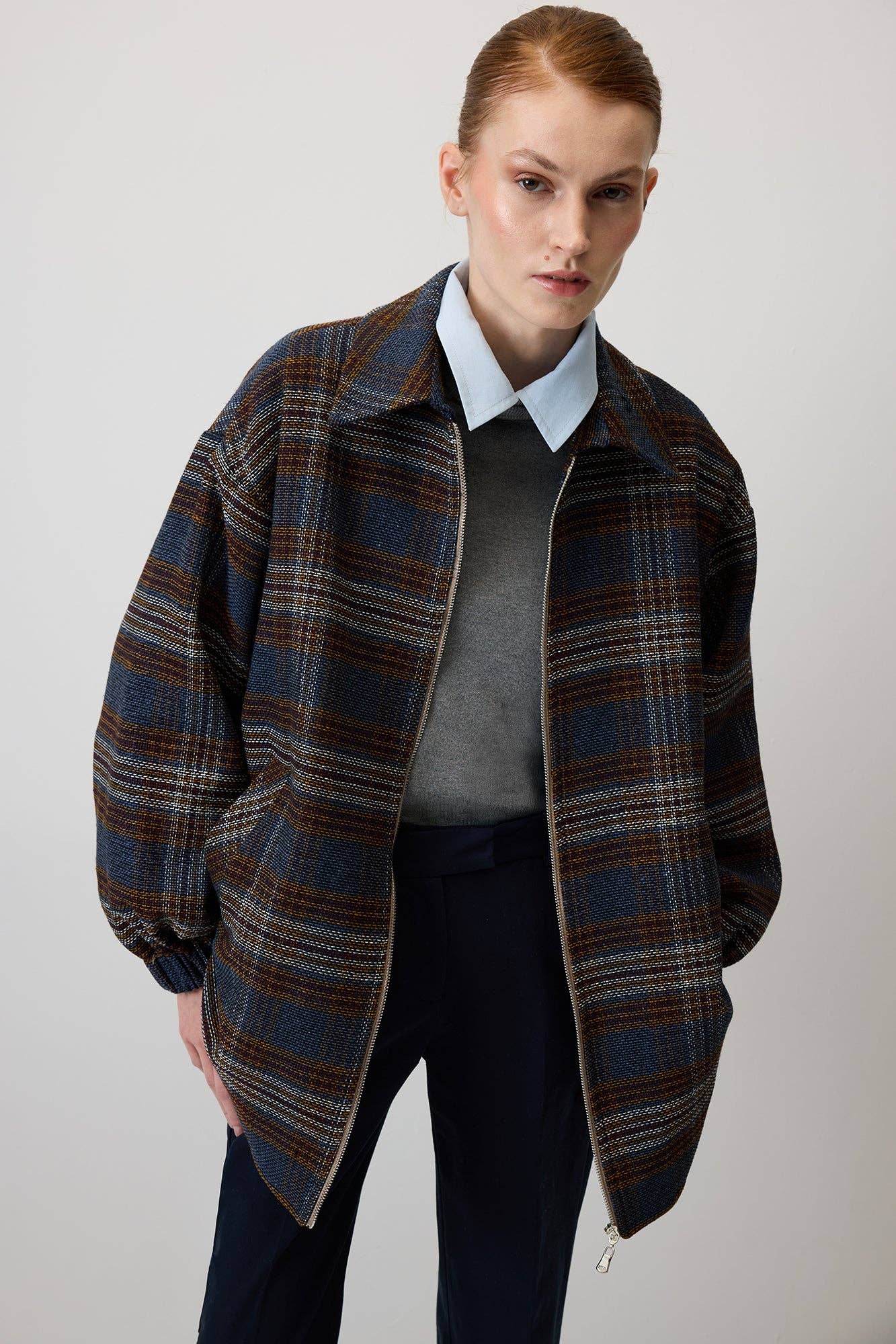 Giacca bomber oversize a quadri con colletto camicia