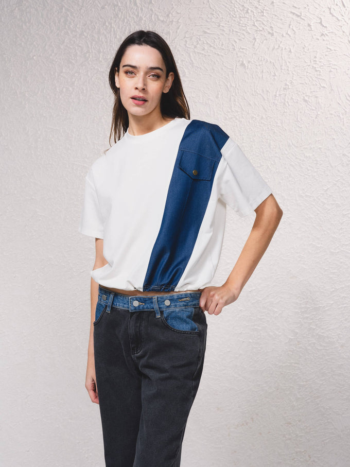 T-shirt corta oversize color block con tasca decorativa