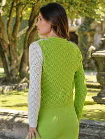 Cardigan in cotone bicolor traforato con laccetti