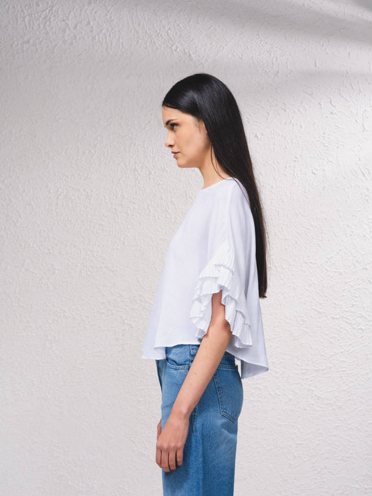 Blusa fluida con maniche a volant plissé