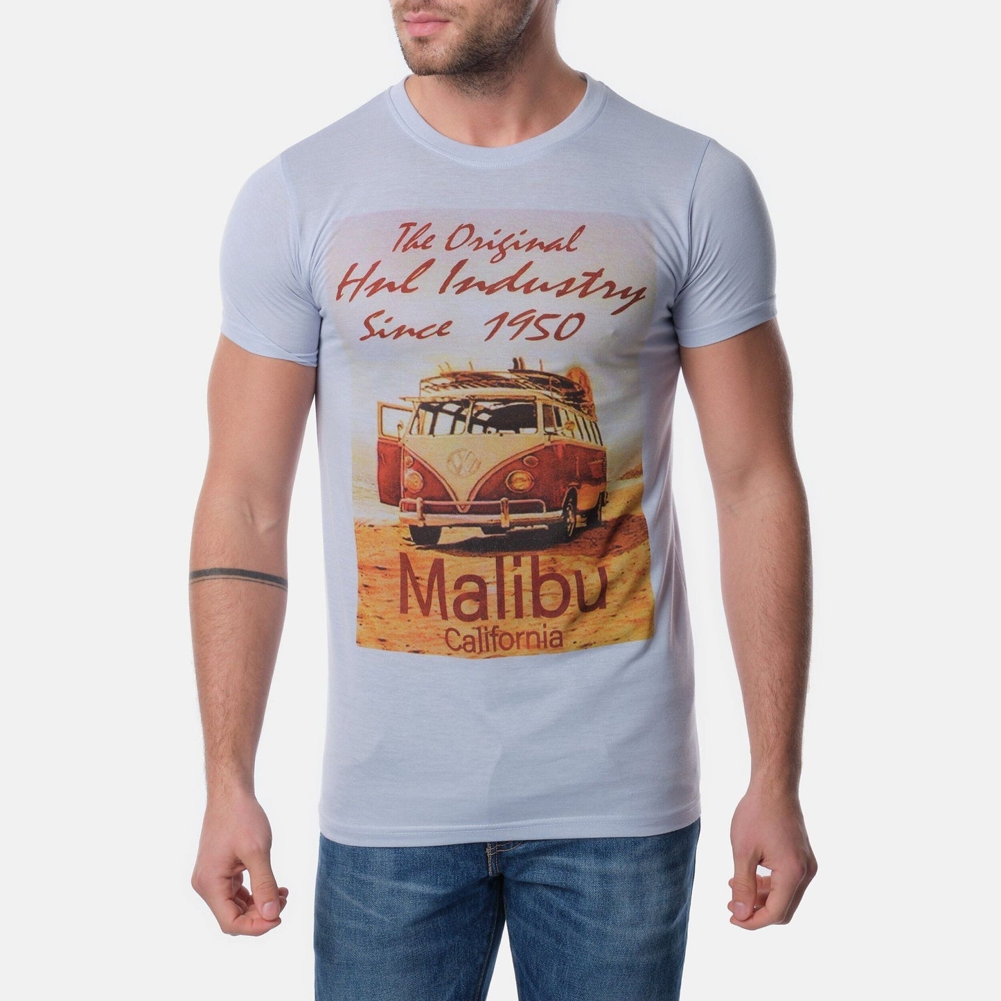 T-shirt uomo celeste con stampa Malibu