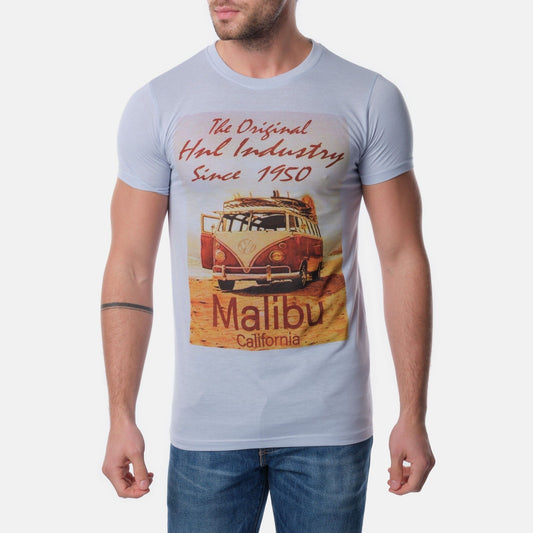T-shirt uomo celeste con stampa Malibu