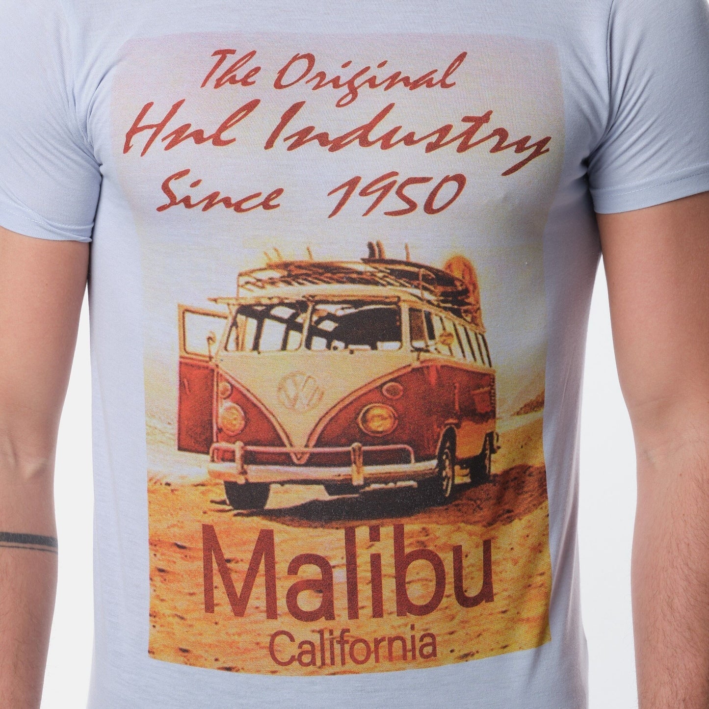 T-shirt uomo celeste con stampa Malibu