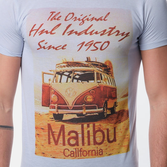 T-shirt uomo celeste con stampa Malibu