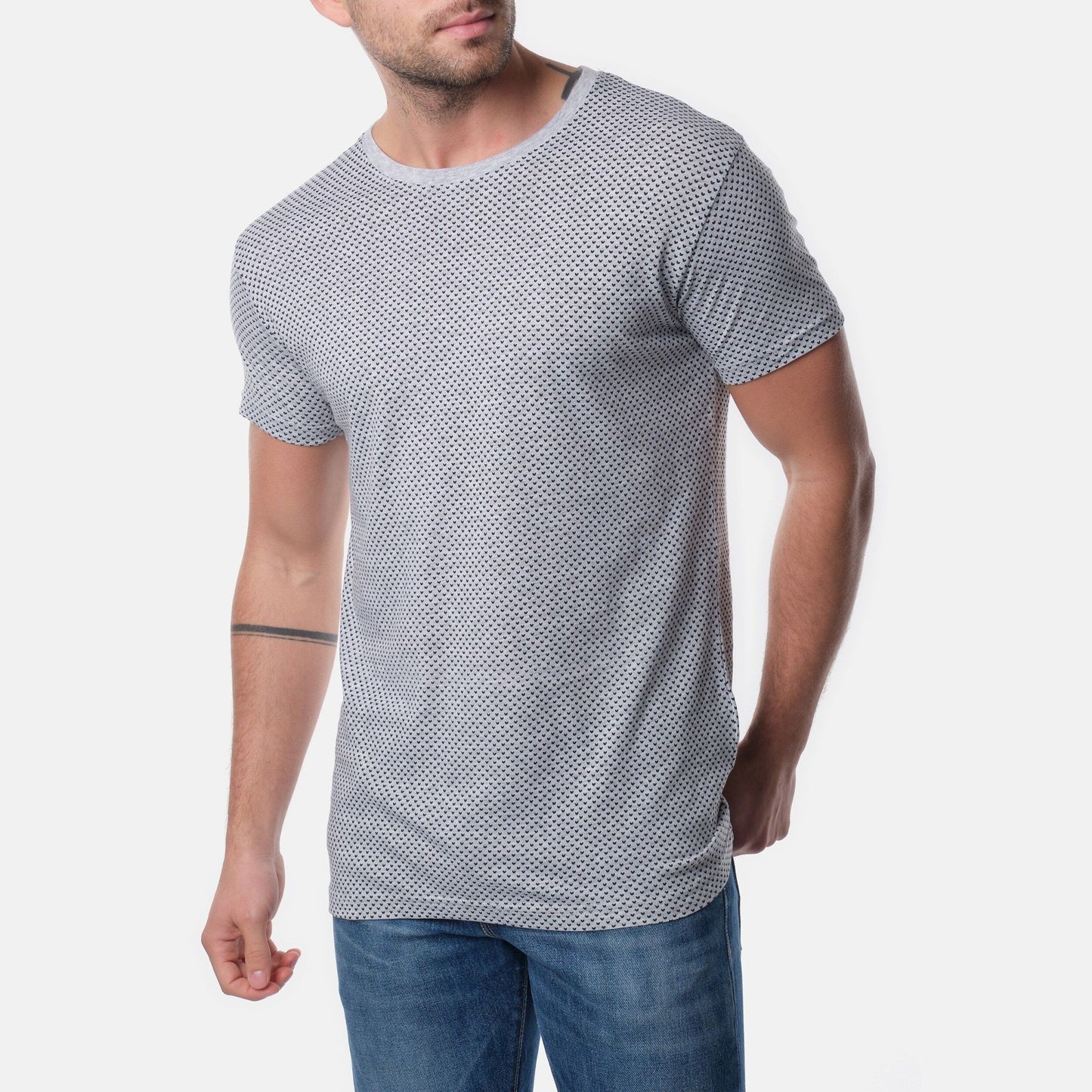 T-shirt uomo grigia in cotone con micro stampa a cuori