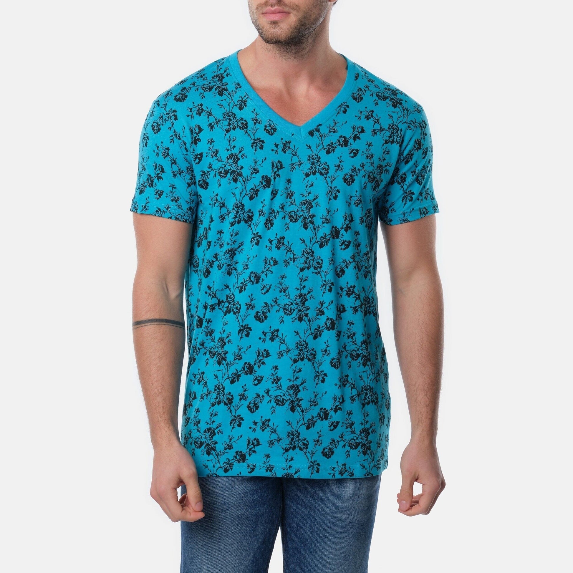 T-shirt uomo turchese con stampa floreale e scollo a V