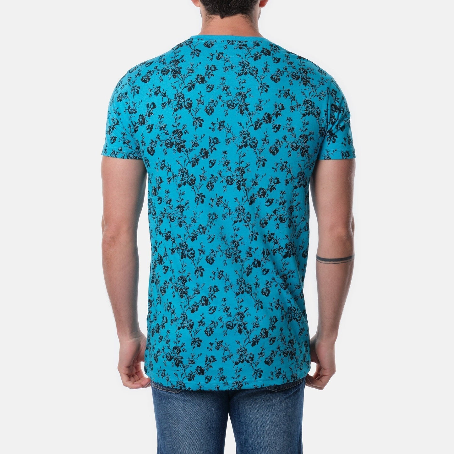 T-shirt uomo turchese con stampa floreale e scollo a V