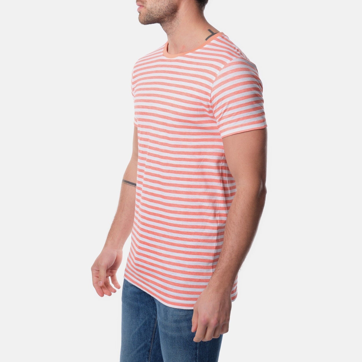 T-shirt uomo a righe in cotone corallo e turchese