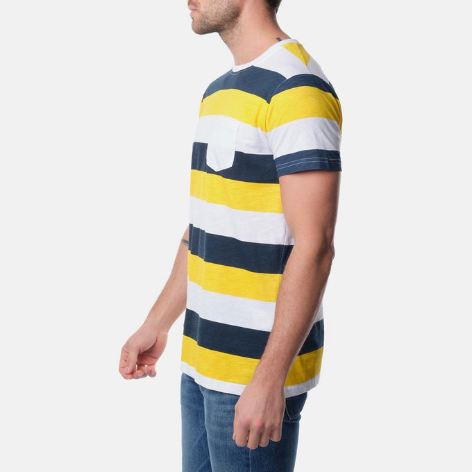 T-shirt uomo a righe navy e gialle con taschino