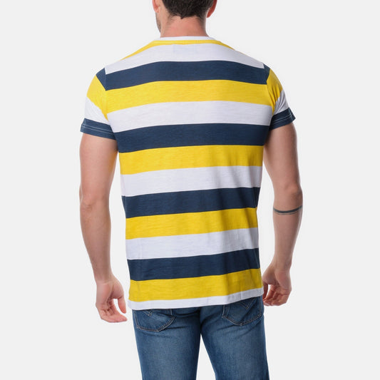 T-shirt uomo a righe navy e gialle con taschino
